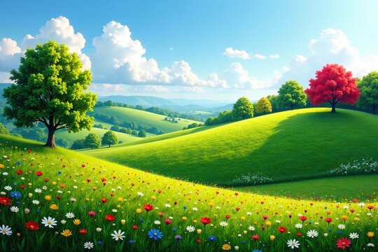 Rolling hills with colorful flowers and trees, greenery, flowers