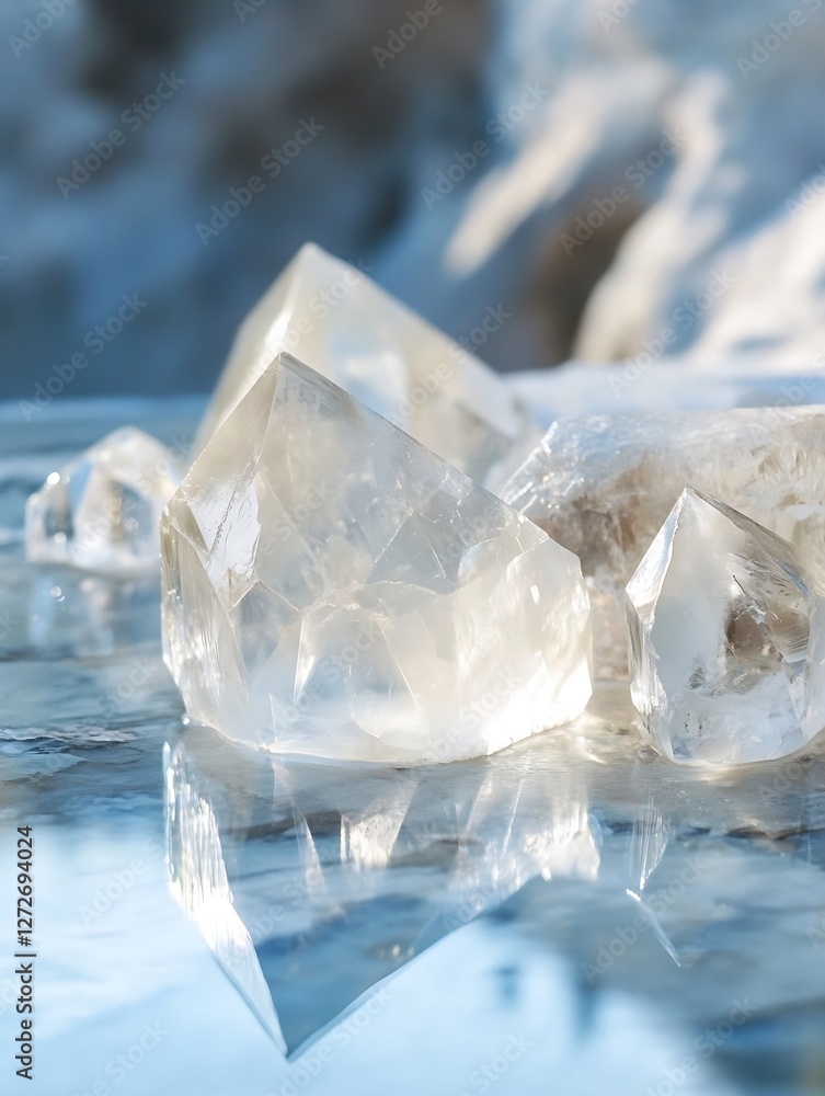 Aufkleber close up of natural clear quartz crystals reflecting on a smooth surface in bright light : generativ