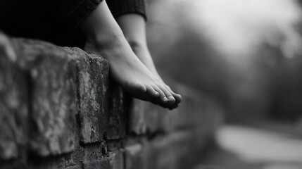 Feet dangling over a stone wall in monochrome depicting relaxation and calmness : Generative AI
