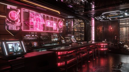 Fototapeta premium Cyberpunk Bar: Neon Dreamscape in a Futuristic Metropolis