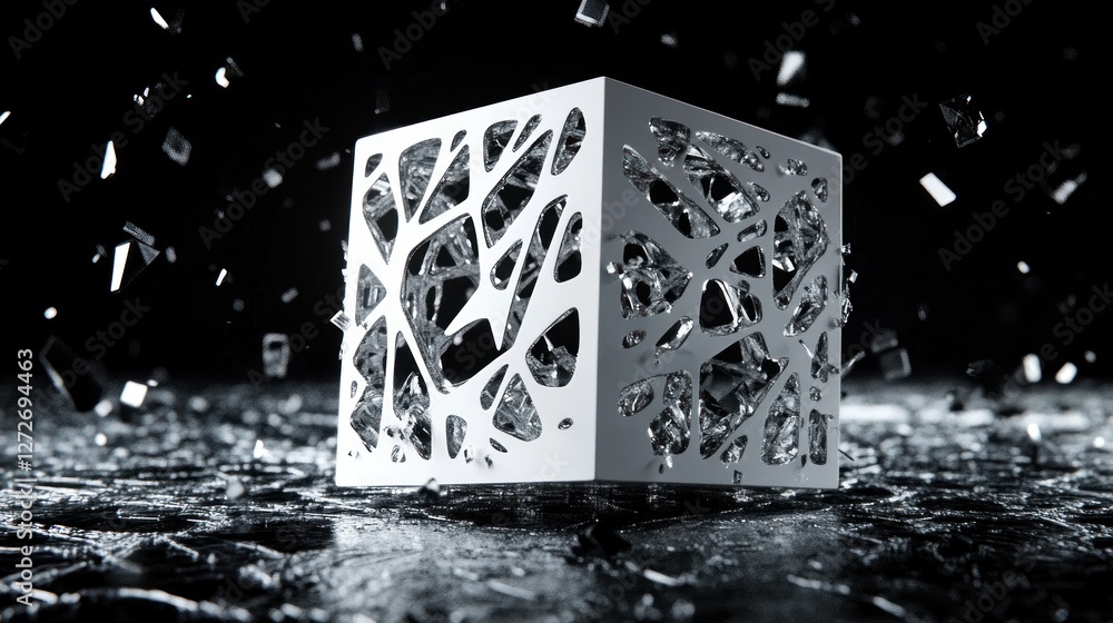 Poster a stylized white cube with intricate cutouts, surrounded by shards and splashes of liquid.