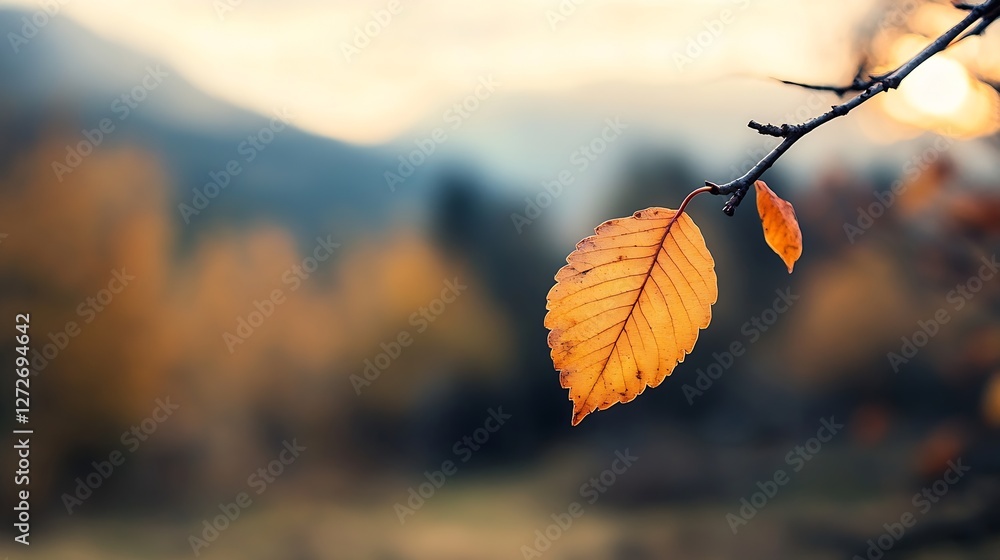 Poster Vibrant Autumn Leaf Hanging from a Branch Against a Soft Blurred Background : Generative AI