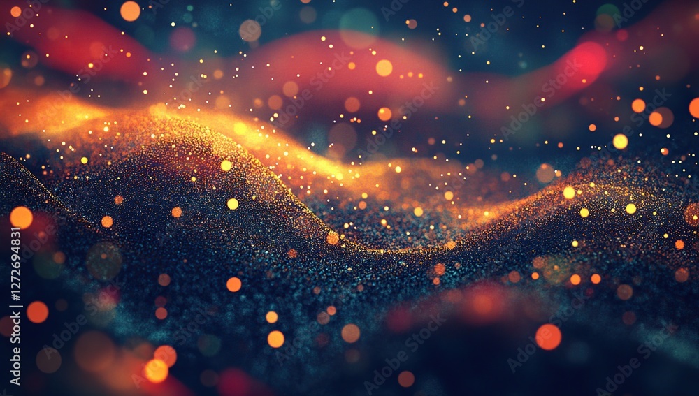 Poster glowing particles wave abstractly across dark background, shimmering with vivid colors and dynamic e
