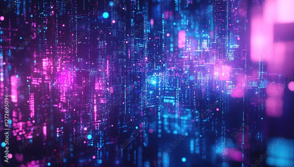 Poster exploring digital data streams: a visual journey into the cyberspace landscape with vivid neon color
