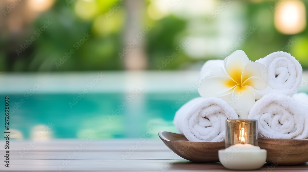 Poster Relaxing spa setup with white towels and a flower beside a tranquil pool : Generative AI