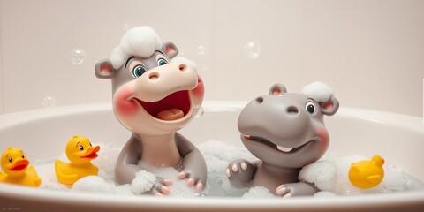 Whimsical baby hippo with a snarky expression playing with bubbles and rubber ducks in a vibrant bathroom setting, delightful, animal, expressive