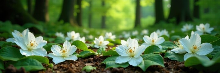 Fototapeta premium White pearl rhododendron flowers scattered on the forest floor, nature, white flower, forest