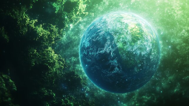 Abstract blue and bright green background with dreamlike perspectives, symbolizing space and global imagery in a vibrant cosmic design, blending fluid colors and futuristic themes.