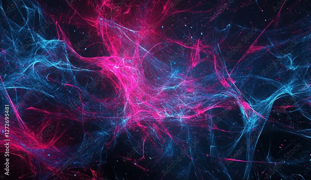 Poster abstract neon web: pink and blue energy flows dynamically across a dark background, creating a mesme