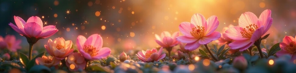 Obraz premium Radiant flowers blooming in a pool of glittering fairy dust, fairy, sparkling