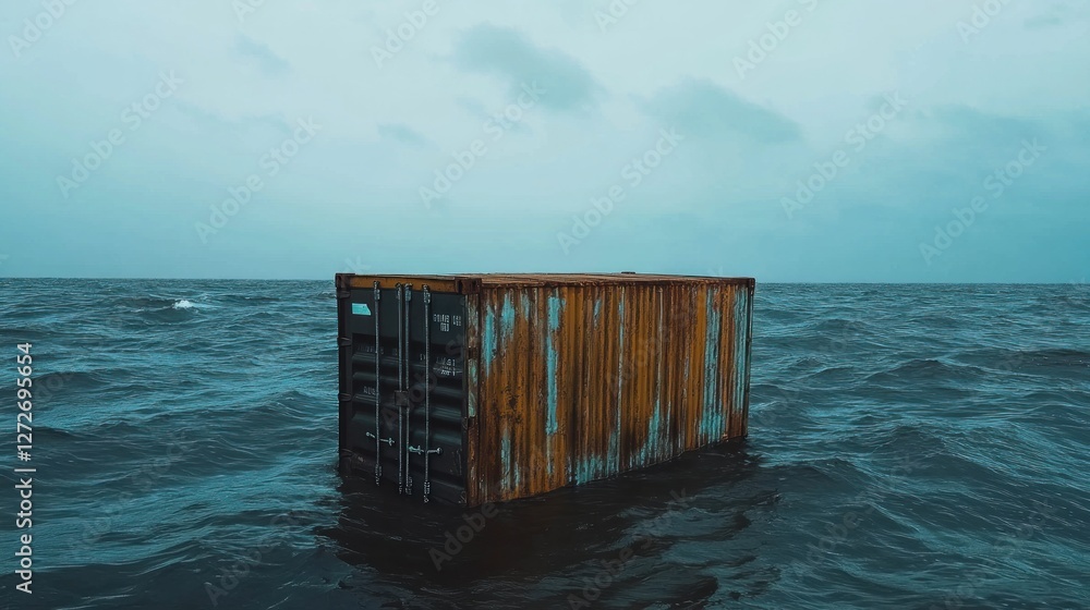 Poster a weathered shipping container partially submerged in a vast ocean under a cloudy sky.