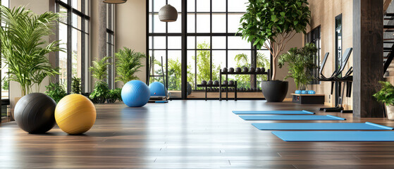 A bright and modern fitness studio with exercise balls, yoga mats, and plants, featuring large windows that allow natural light.
