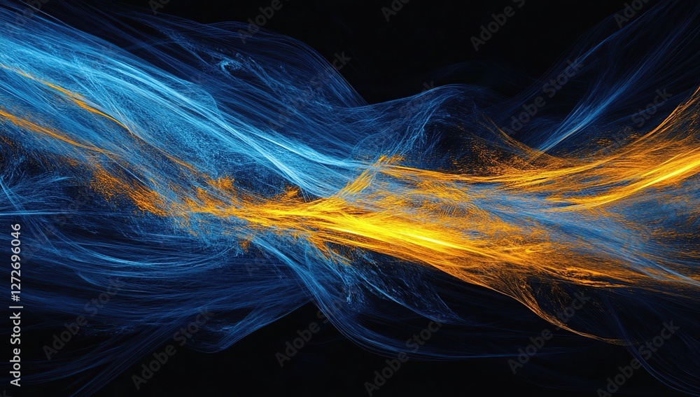 Poster abstract blue and gold energy waves flowing dynamically across the dark canvas, creating a vibrant a