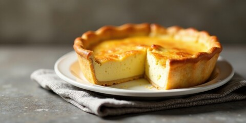 A delectable homemade creamy custard tart, baked to perfection in a golden-brown pastry crust, served on an elegant white plate, resting on a soft linen cloth.