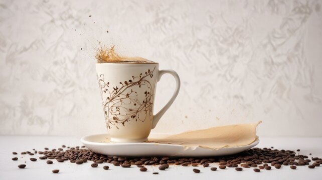 A caffeinated moment coffee splashing from an elegant mug onto a saucer, surrounded by roasted beans