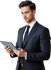 Young Businessman in Dark Suit Using Tablet Serious Expression Professional Portrait