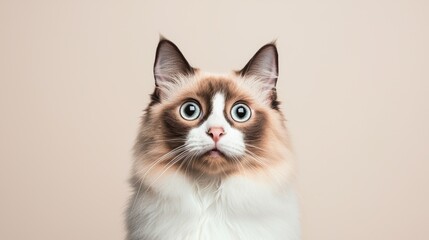 Obraz premium Fluffy cat with wide eyes against a neutral background