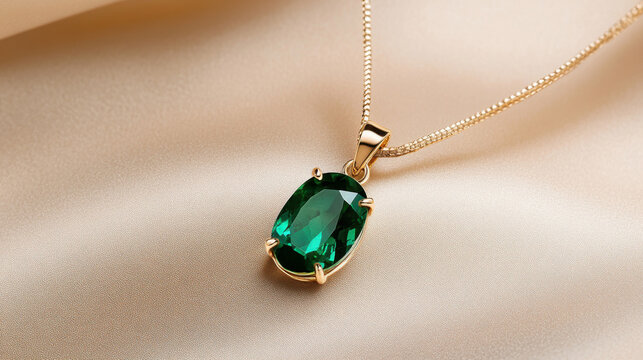 Emerald Elegance: A close-up shot captures the shimmering beauty of an emerald pendant on a delicate gold chain, radiating luxury and sophistication, showcasing the allure of precious jewelry