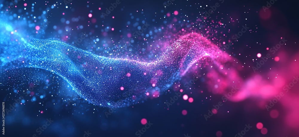 Poster blue and pink particles flow dynamically in abstract wave motion, creating a stunning visual effect 