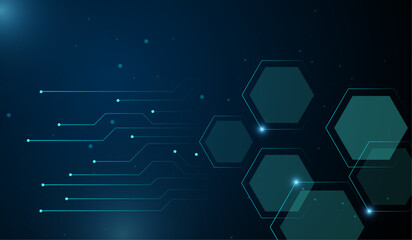 The technology AI Abstract with polygons shapes. Abstract AI circuit board in elegant blue light lines on dark background with lighting effect, Vector illustration.