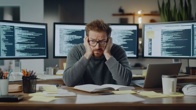 A frustrated developer overwhelmed by coding bugs in a modern workspace. Featuring flashing error logs on several monitors