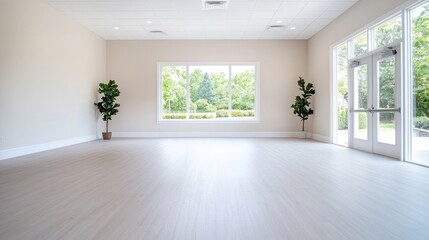 Fototapeta premium Empty modern room with large window overlooking trees. Ideal for event venue or photoshoot