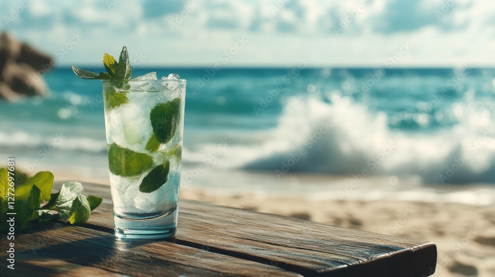 Poster A refreshing mojito sits on a wooden table by the beach, with waves crashing in the background under a bright sky.
