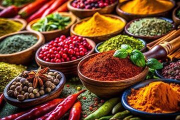 Fototapeta premium Vibrant Spice Collection: Aromatic Herbs and Spices Portrait Photography