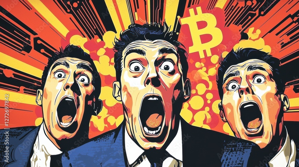 Poster pop art retro style of three shocked men with bitcoin background