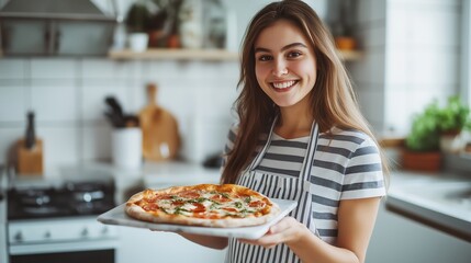a young woman in a kitchen. She is wearing a striped apron and is holding a tray with a freshly baked pizza on it.