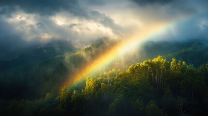 A beautiful rainbow emerges over a dense forest, with sunlight streaming through dark, brooding clouds