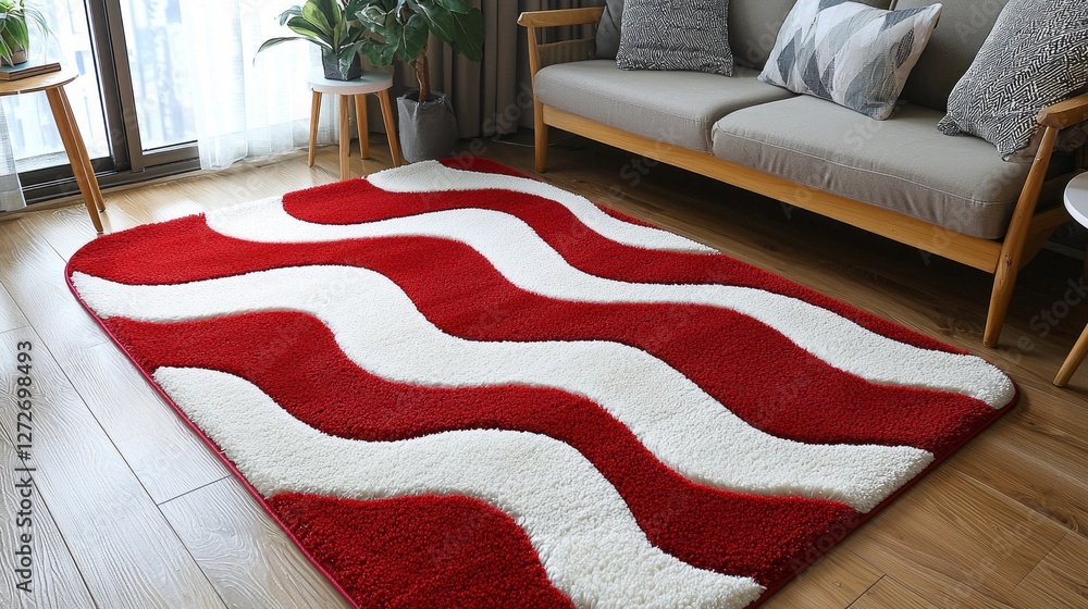 Poster a plush shaggy rug with red and white stripes adds a touch of warmth to a stylish living room. natur