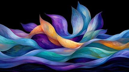 Vibrant abstract waves flow dynamically across dark background creating a serene and colorful masterpiece. AI Generated
