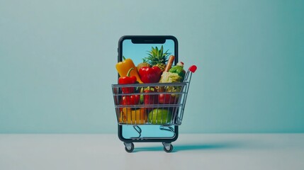 A smartphone showing an online grocery shopping app with cart items. Featuring convenience and groceries