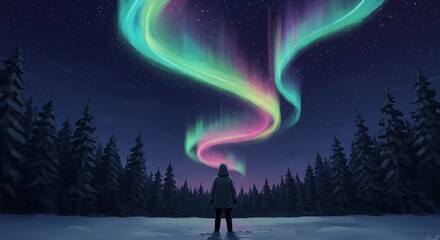 Obraz premium Illustration of aurora borealis over a snowy forest - serenity and reflection - for winter solstice imagery