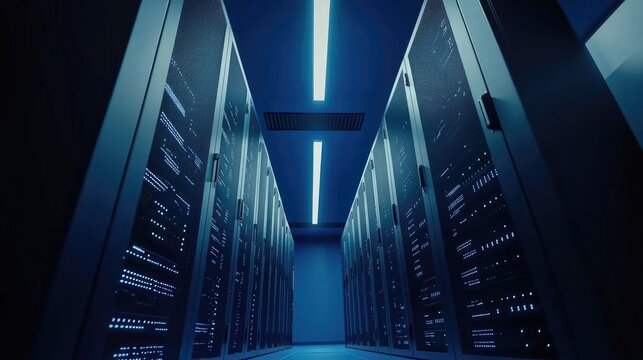A futuristic datacenter with glowing server racks and sleek lighting, symbolizing advanced computing and cybersecurity. Ideal for cloud computing, IT infrastructure, and networking