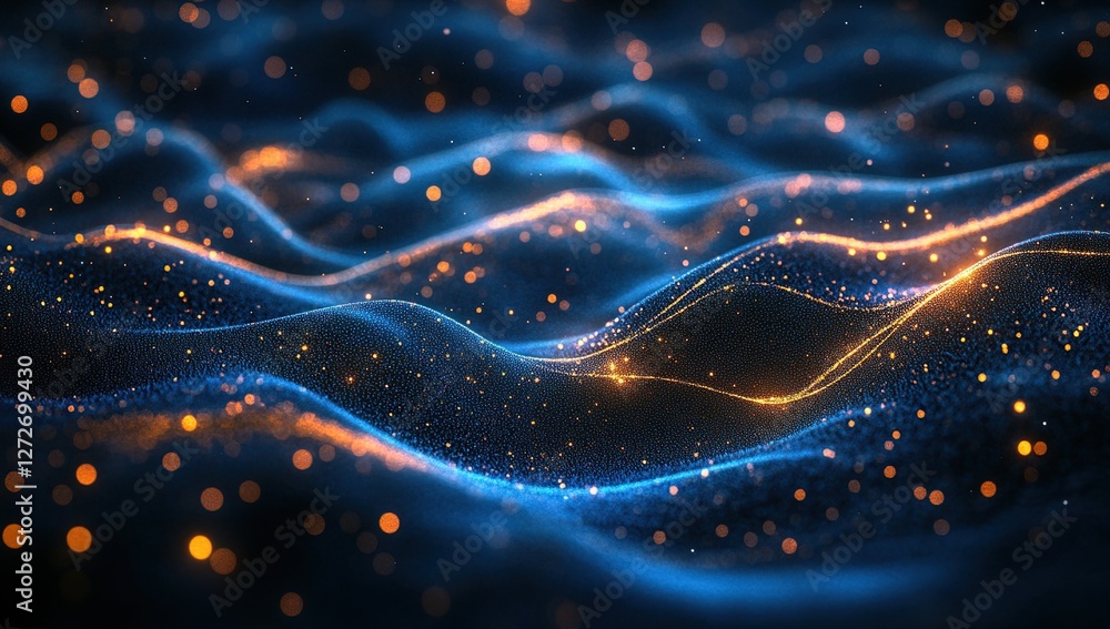 Poster glowing particle waves dance across dark background: abstract blue and gold digital art with sparkli