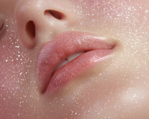 Fototapeta premium close up of shimmering lip with glitter and soft glow, evoking beauty