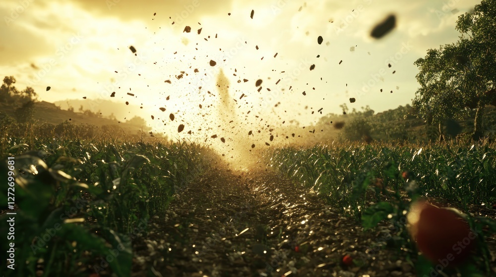 Poster a dynamic scene of soil and debris being disturbed in a field during sunset.
