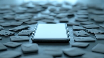 A smartphone surrounded by a sea of unread messages. Featuring communication overload