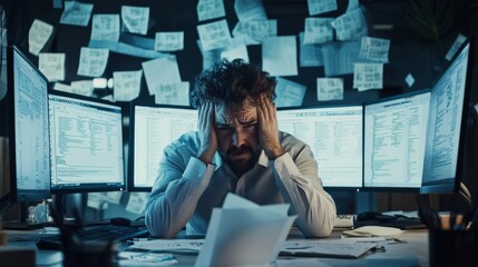 A frustrated developer overwhelmed by coding errors in a sleek office. Featuring error logs on screens