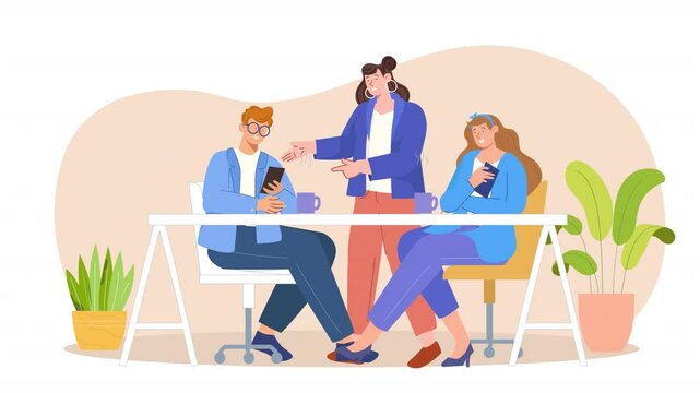 Flat character design scene animation showing people engaged in conversations, highlighting interpersonal communication and exchange of ideas in various settings.