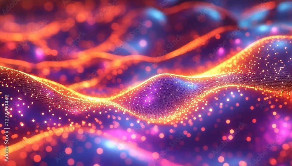 Poster vibrant particle waves flowing dynamically across screen, abstract digital art background design, wi