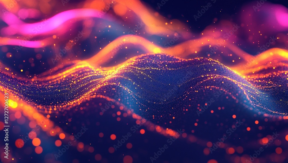 Poster vibrant particle waves flow dynamically across screen, creating abstract art with shimmering lights 