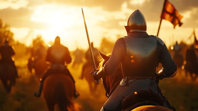 A dynamic scene of armored knights riding into battle against a glowing sunset, evoking a sense of adventure and history.