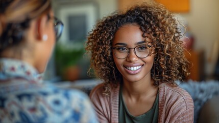 A black woman sitting on the couch and talking with therapist.