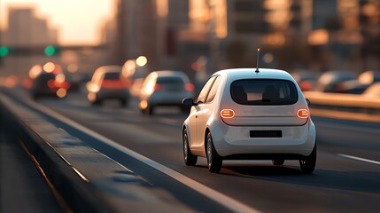 A compact white car drives on an urban road during sunset, showcasing modern city life and traffic dynamics.