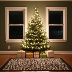 Cozy living room with a beautifully decorated Christmas tree and presents