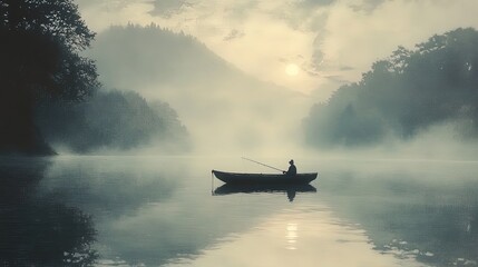 Fototapeta na wymiar A peaceful scene of a lone fisherman on a small boat during a foggy morning