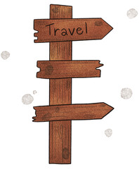 hand drawn travel items set with watercolor on paper texture